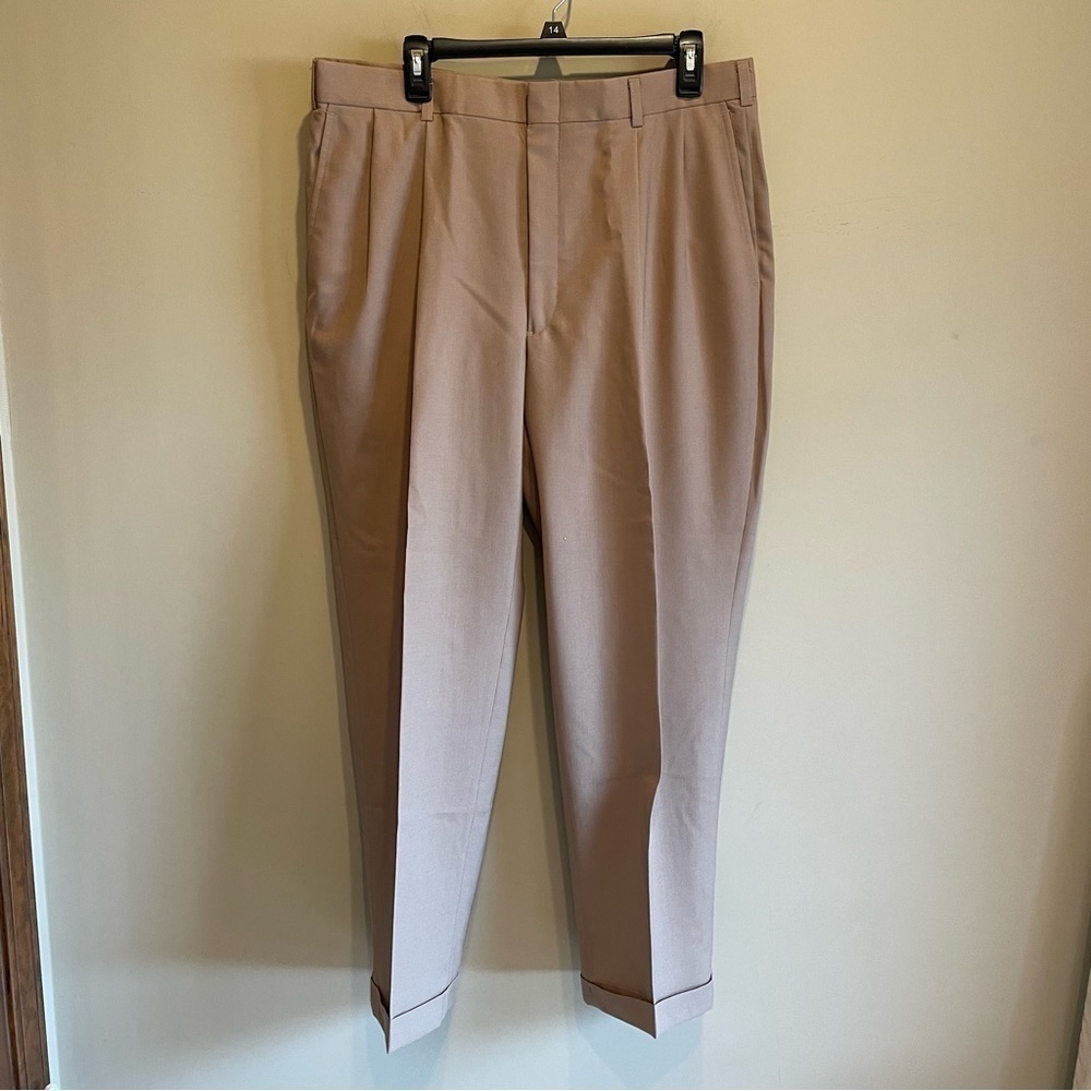 Hart Schaffner Marx Mens Dress Pants 36 Tan 100% Wool Cuffed
